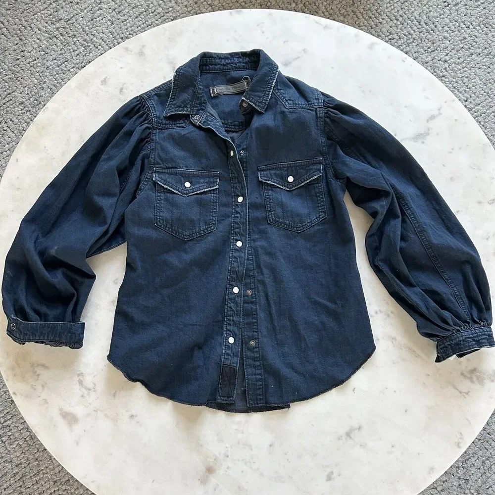 Free People With Love Snap Denim Western Shirt‎ Size XS Dark Cowgirl Puff sleeve